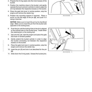 K&ouml;nnte beinhalten: Diagramm mit Betriebsanweisungen f&uuml;r Maschinen, mit nummerierten Schritten und Illustrationen. Der Text beschreibt, wie man einen Eimer an einem Gest&auml;nge befestigt, einschlie&szlig;lich der Ausrichtung von Teilen und dem Einsetzen von Stiften. Wei&szlig;e Seite mit schwarzem Text und Diagrammen.