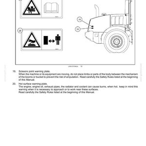 May include: Diagram of a heavy machine with safety information. Includes warning symbols for potential hazards like amputation and hot surfaces. Text reads "2 - SAFETY INFORMATION".