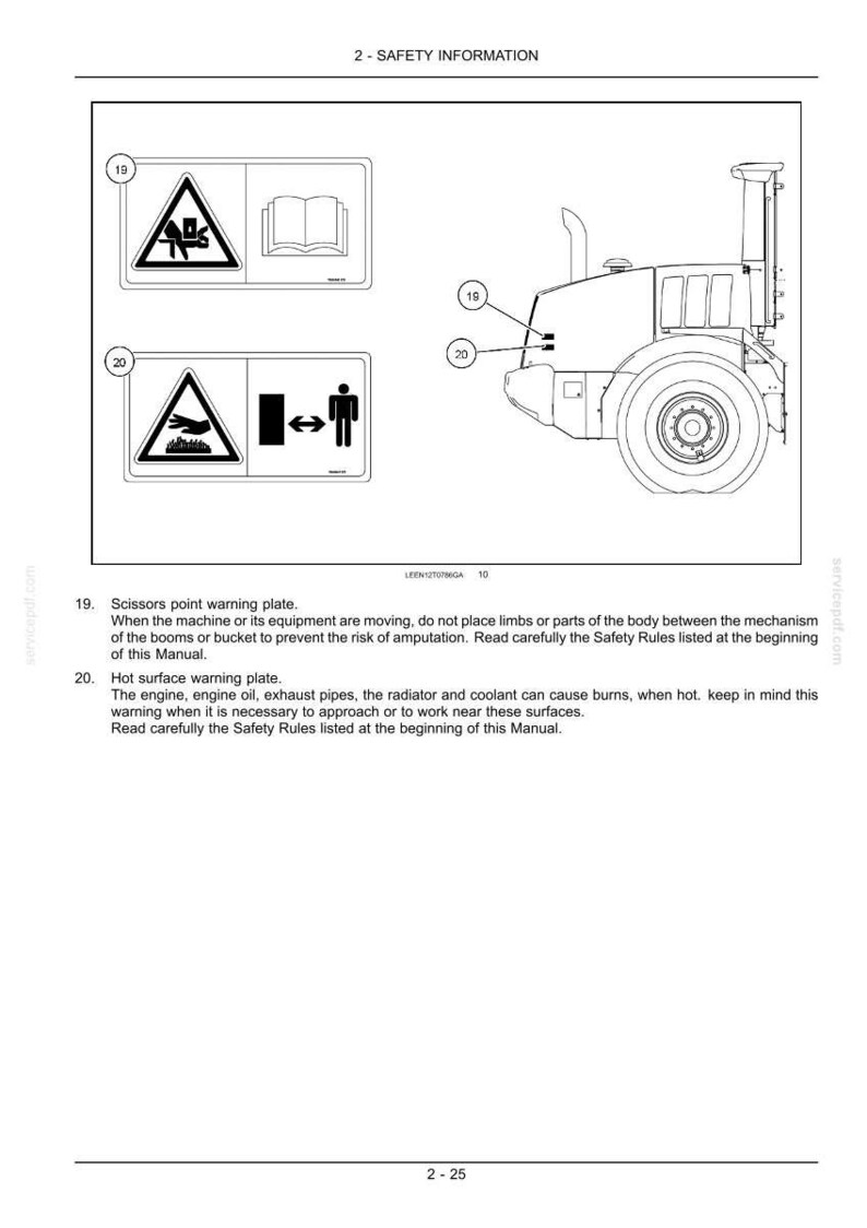 May include: Diagram of a heavy machine with safety information. Includes warning symbols for potential hazards like amputation and hot surfaces. Text reads "2 - SAFETY INFORMATION".