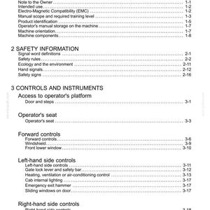 May include: A page from a manual titled "Contents" with a list of topics including "General Information", "Safety Information", and "Controls and Instruments". The text is black on a white background.