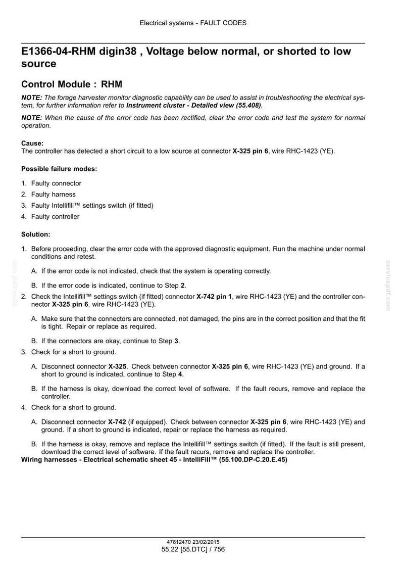 May include: A technical document detailing fault codes for electrical systems, specifically addressing voltage issues. It provides troubleshooting steps, including checking connectors and wiring, with clear instructions and diagrams.