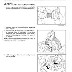 May include: Diagram of a rear axle system with a bevel gear set and differential. Instructions detail the installation of a 4.5-inch axle. Includes illustrations of the assembly process, with callouts for specific tools and components. Text includes part numbers.