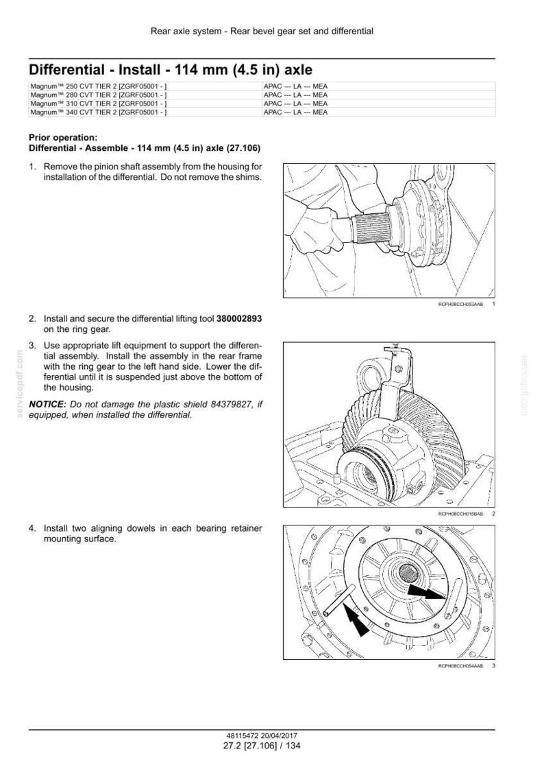 May include: Diagram of a rear axle system with a bevel gear set and differential. Instructions detail the installation of a 4.5-inch axle. Includes illustrations of the assembly process, with callouts for specific tools and components. Text includes part numbers.
