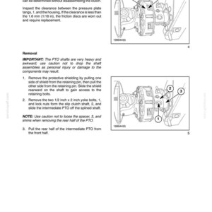May include: Technical diagrams and text from a manual explaining the inspection and removal of a power take-off (PTO) system. The image shows mechanical components with measurements in inches and fractions of an inch, equivalent to mm.