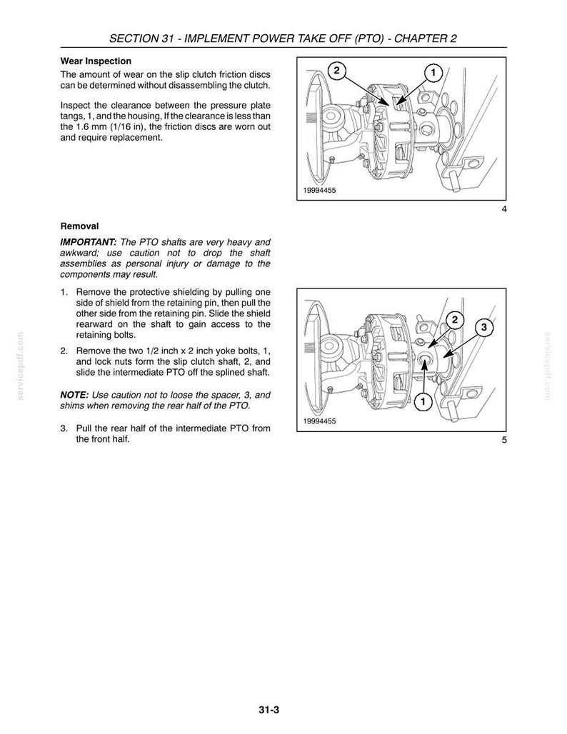 May include: Technical diagrams and text from a manual explaining the inspection and removal of a power take-off (PTO) system. The image shows mechanical components with measurements in inches and fractions of an inch, equivalent to mm.