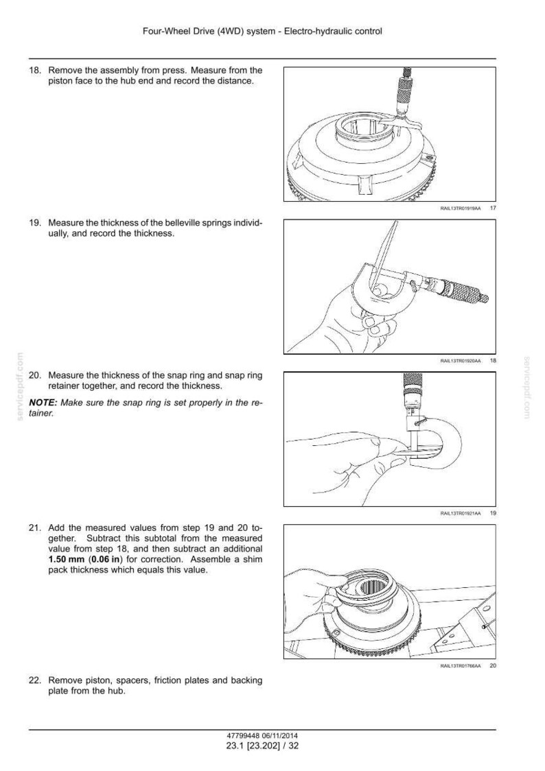 May include: Diagram from a manual detailing steps for electro-hydraulic control in a four-wheel drive system. Includes illustrations of measuring components with calipers and other tools. Text includes measurements in inches and millimeters.