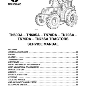 May include: Black and white line drawing of a New Holland tractor. The image is from a service manual for TN60DA, TN60SA, TN70DA, TN70SA, TN75DA, and TN75SA tractors. The manual's table of contents is also visible.