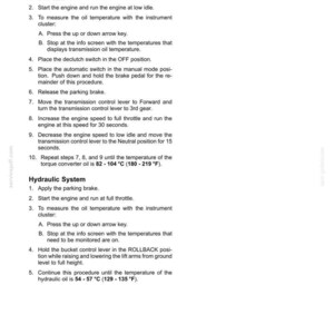 May include: Document with instructions for heating torque converter oil and hydraulic system procedures. Includes steps for measuring oil temperature, operating controls, and temperature ranges in Fahrenheit.