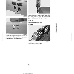 May include: Black and white diagram with operating instructions for a machine. The steps include attaching a towing bar, installing a rotary beacon, removing wheel blocks, and switching on the hazard light. Text includes "Towing" and "Operating Instructions."
