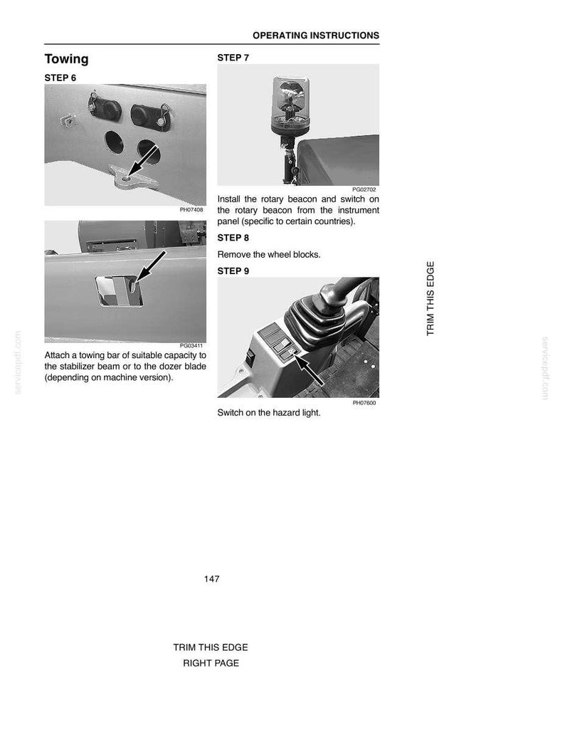 May include: Black and white diagram with operating instructions for a machine. The steps include attaching a towing bar, installing a rotary beacon, removing wheel blocks, and switching on the hazard light. Text includes "Towing" and "Operating Instructions."