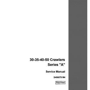 Może przedstawiać: Biała instrukcja serwisowa zatytułowana "30-35-40-50 Crawlers Series 'A'" z tekstem "Service Manual" i "Reprinted". Instrukcja ma szarą, teksturowaną obw&oacute;dkę i logo CASE.