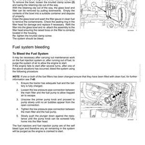 May include: A technical manual page titled 7-MAINTENANCE containing instructions for Fuel filter water drain and Fuel system bleeding. It features two black and white line drawings of tractor engine components with numbered labels and arrows.