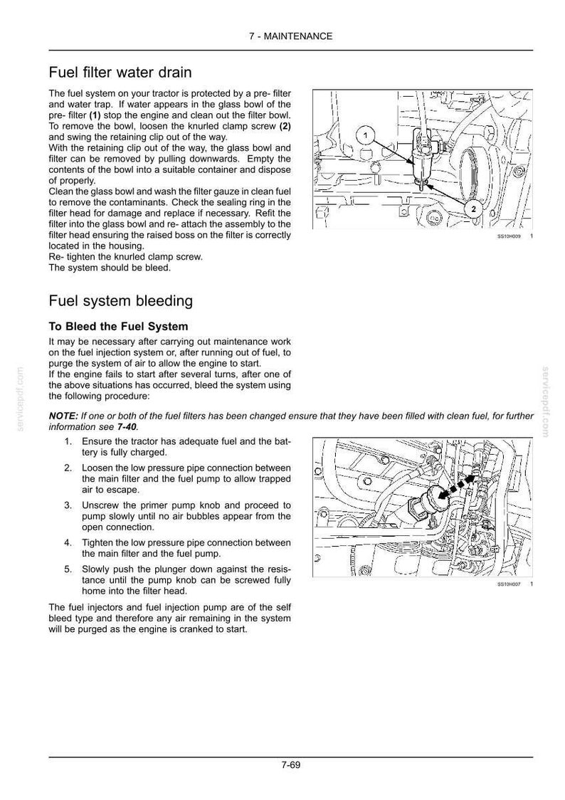 May include: A technical manual page titled 7-MAINTENANCE containing instructions for Fuel filter water drain and Fuel system bleeding. It features two black and white line drawings of tractor engine components with numbered labels and arrows.