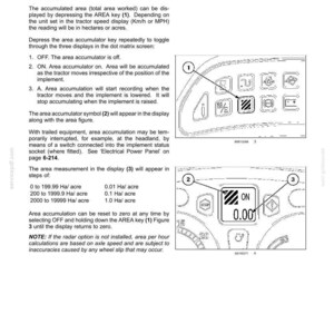 K&ouml;nnte beinhalten: Eine Seite aus einem technischen Handbuch mit dem Titel 3-CONTROLS/INSTRUMENTS, die die Funktion Area Accumulator beschreibt. Sie enth&auml;lt zwei Strichzeichnungen eines Traktor-Bedienfelds mit nummerierten Hinweisen 1, 2 und 3 sowie Erkl&auml;rungen.