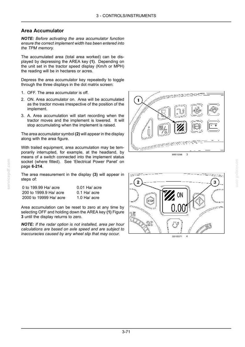 K&ouml;nnte beinhalten: Eine Seite aus einem technischen Handbuch mit dem Titel 3-CONTROLS/INSTRUMENTS, die die Funktion Area Accumulator beschreibt. Sie enth&auml;lt zwei Strichzeichnungen eines Traktor-Bedienfelds mit nummerierten Hinweisen 1, 2 und 3 sowie Erkl&auml;rungen.