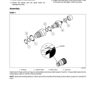 May include: Diagram of mechanical parts with labels and instructions for inspection and assembly. Includes O-rings, thrust rings, spool seals, and a lock nut. Text includes "Inspection", "Assembly", and torque specifications in pound-feet.
