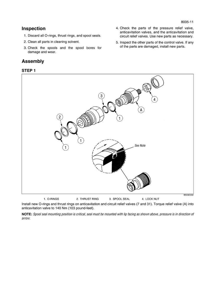 May include: Diagram of mechanical parts with labels and instructions for inspection and assembly. Includes O-rings, thrust rings, spool seals, and a lock nut. Text includes "Inspection", "Assembly", and torque specifications in pound-feet.
