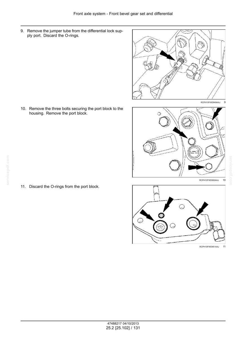 K&ouml;nnte beinhalten: Diagramm eines Vorderachssystems, das das vordere Kegelradgetriebe und das Differential detailliert. Enth&auml;lt Nahaufnahmen mit Pfeilen, die auf spezifische Komponenten wie Schrauben, O-Ringe und Anschlussbl&ouml;cke zeigen. Textanweisungen sind ebenfalls enthalten.