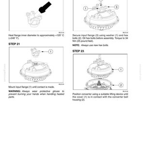 May include: A technical manual page titled 6003-78 showing assembly steps 20 through 23 for a mechanical component. The diagrams illustrate heating a flange, mounting an input flange, securing it with washers and hex bolts, and positioning a converter.