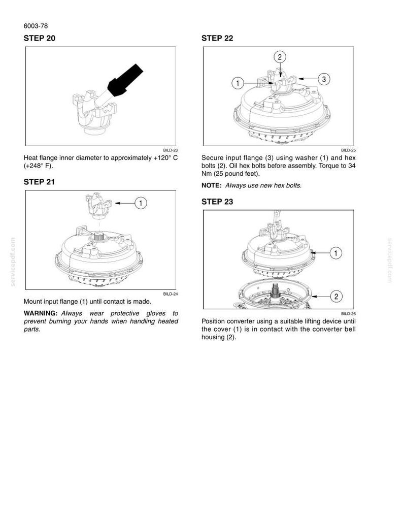 May include: A technical manual page titled 6003-78 showing assembly steps 20 through 23 for a mechanical component. The diagrams illustrate heating a flange, mounting an input flange, securing it with washers and hex bolts, and positioning a converter.