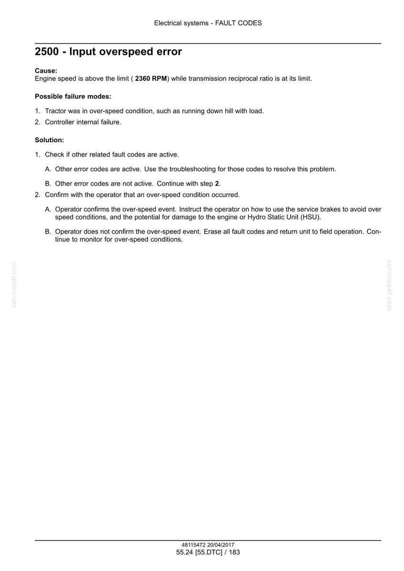 May include: A page from an electrical systems manual detailing fault code 2500, an input overspeed error. The text explains the cause, possible failure modes, and solutions. The document includes troubleshooting steps and RPM limits.