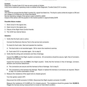 May include: A technical document titled "Electrical systems - FAULT CODES" details troubleshooting steps for a "5131-Right Joystick R-L Axis" fault. The document includes causes, possible failure modes, and a solution with numbered steps.