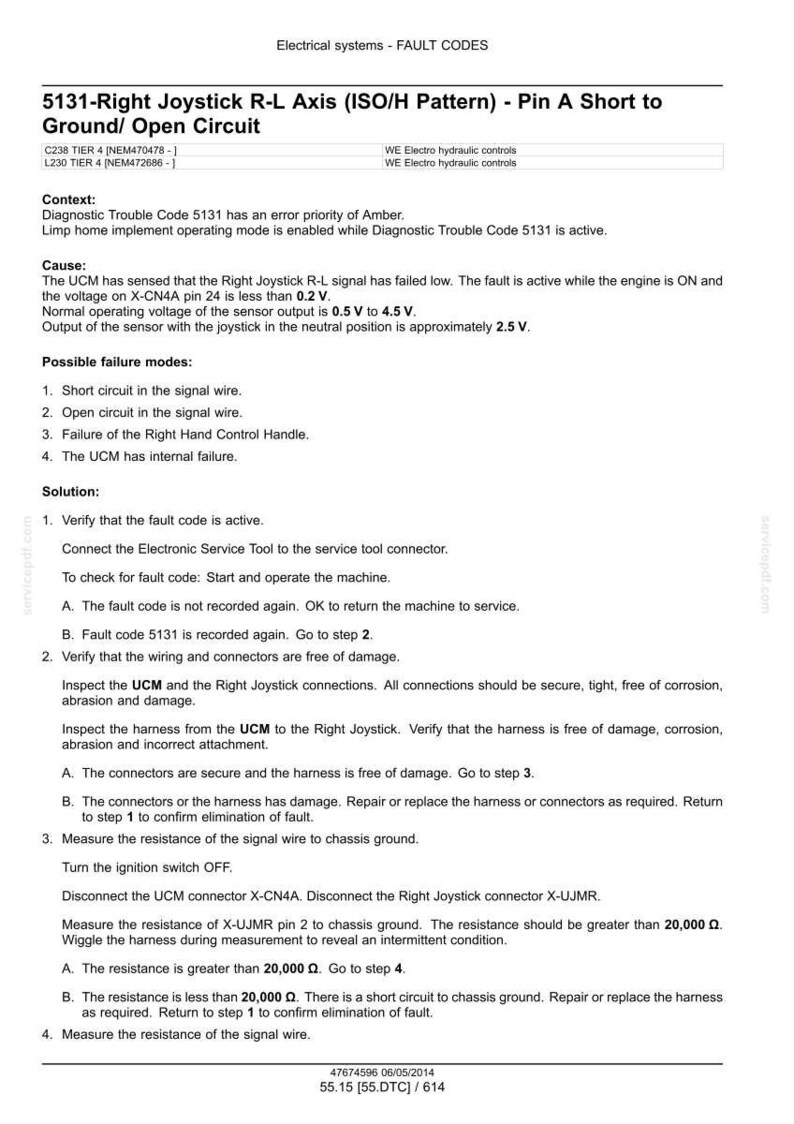 May include: A technical document titled "Electrical systems - FAULT CODES" details troubleshooting steps for a "5131-Right Joystick R-L Axis" fault. The document includes causes, possible failure modes, and a solution with numbered steps.