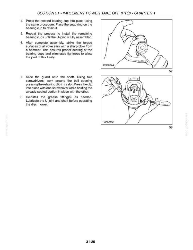 May include: A technical manual page titled SECTION 31 - IMPLEMENT POWER TAKE OFF (PTO) - CHAPTER 1, featuring two black and white line art illustrations showing the assembly of a U-joint, including snap ring installation and guard placement.