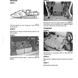 May include: Diagram of a computer and engine controller removal process. The image shows a step-by-step guide with illustrations and text instructions for disconnecting and removing components, including the battery, hood, and computer.