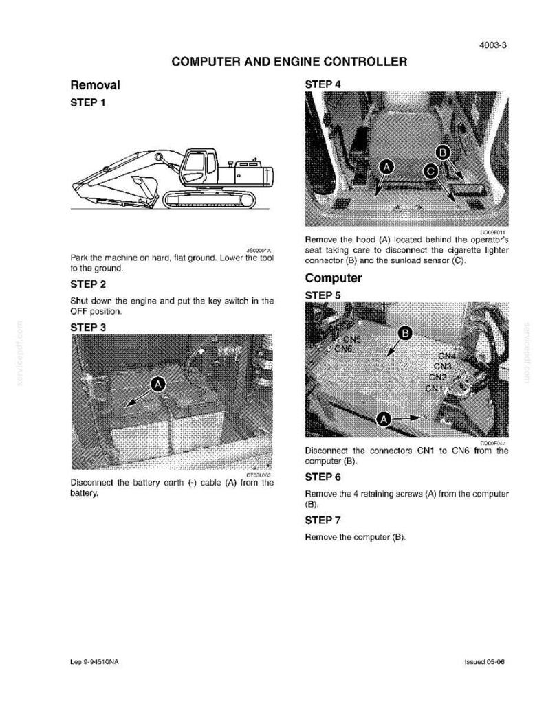May include: Diagram of a computer and engine controller removal process. The image shows a step-by-step guide with illustrations and text instructions for disconnecting and removing components, including the battery, hood, and computer.
