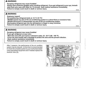 May include: A technical manual page titled 7-MAINTENANCE detailing air-conditioning system checks every 36 months. It includes three warning boxes regarding refrigerant hazards, frostbite, and explosion risks, plus a diagram of a receiver/drier.