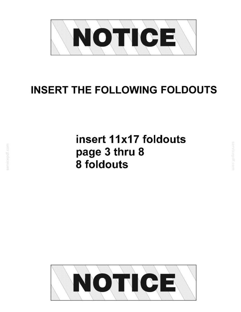 K&ouml;nnte beinhalten: Ein wei&szlig;es Dokument mit schwarzem Text, der oben und unten NOTICE lautet. Der mittlere Text lautet: INSERT THE FOLLOWING FOLDOUTS, insert 11x17 foldouts, page 3 thru 8, 8 foldouts. Das Wort NOTICE steht in einem Kasten mit diagonalen Linien.