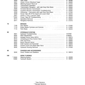 May include: A printed document with a detailed parts list, including "Power Train," "Brakes," and "Hydraulic System." The document features a series of numbers and descriptions, with a publication code on the right. The document is printed in black ink.