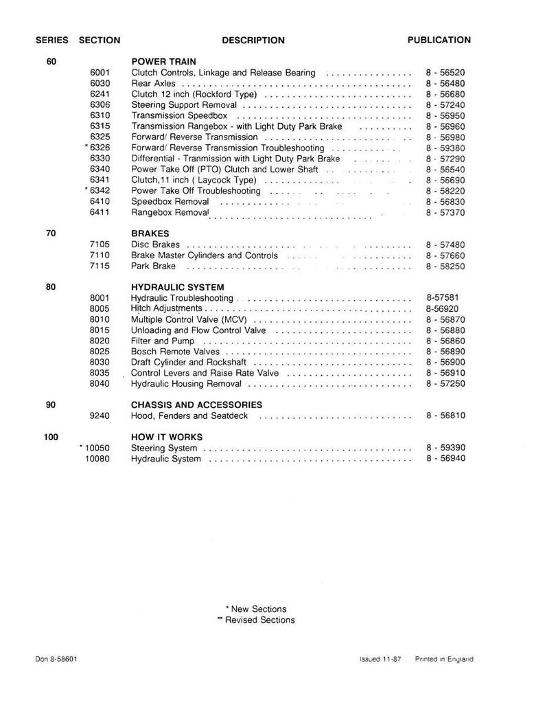 May include: A printed document with a detailed parts list, including "Power Train," "Brakes," and "Hydraulic System." The document features a series of numbers and descriptions, with a publication code on the right. The document is printed in black ink.