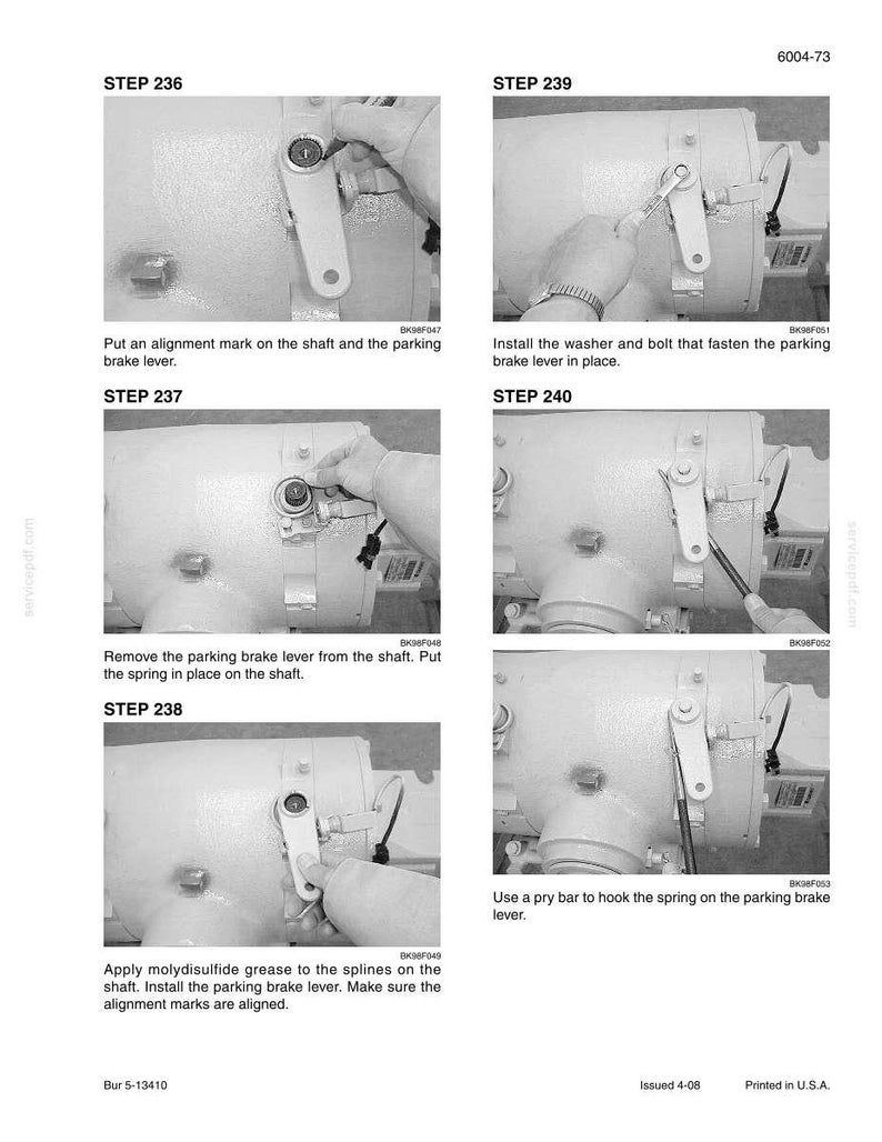 May include: A grayscale instructional manual page with steps for a mechanical repair. The steps include applying grease, installing parts, and using a pry bar. Text includes "STEP 236" through "STEP 240" and instructions.