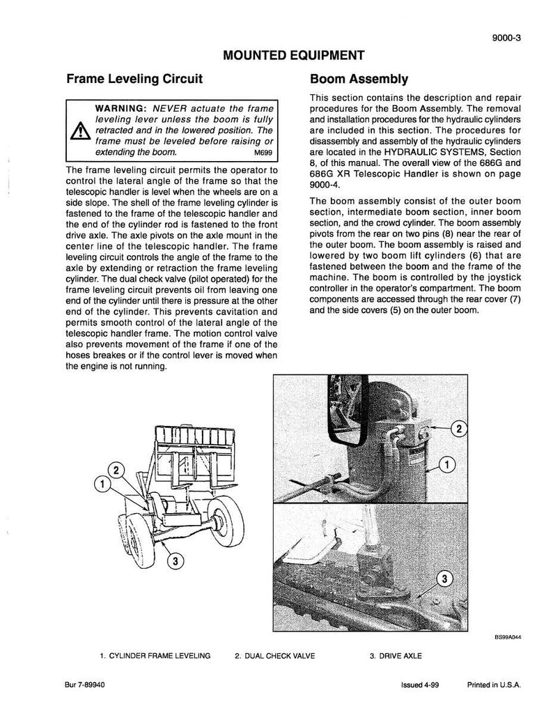 May include: Diagram of a mounted equipment system with labels for Cylinder Frame Leveling, Dual Check Valve, and Drive Axle. Includes a warning about the frame leveling lever and a section on Boom Assembly with component details.