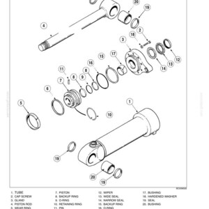 May include: An exploded view technical diagram of a bucket cylinder assembly labeled 8006-8. The illustration displays twenty numbered mechanical components including a piston rod, tube, gland, seals, rings, bushings, and pins, with a parts list below.