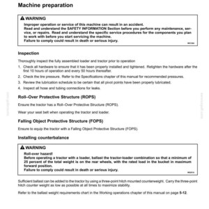 May include: A page of operating instructions for a loader and tractor, featuring sections on machine preparation, inspection, Roll-Over Protective Structure (ROPS), Falling Object Protective Structure (FOPS), and installing counterbalance with warnings.