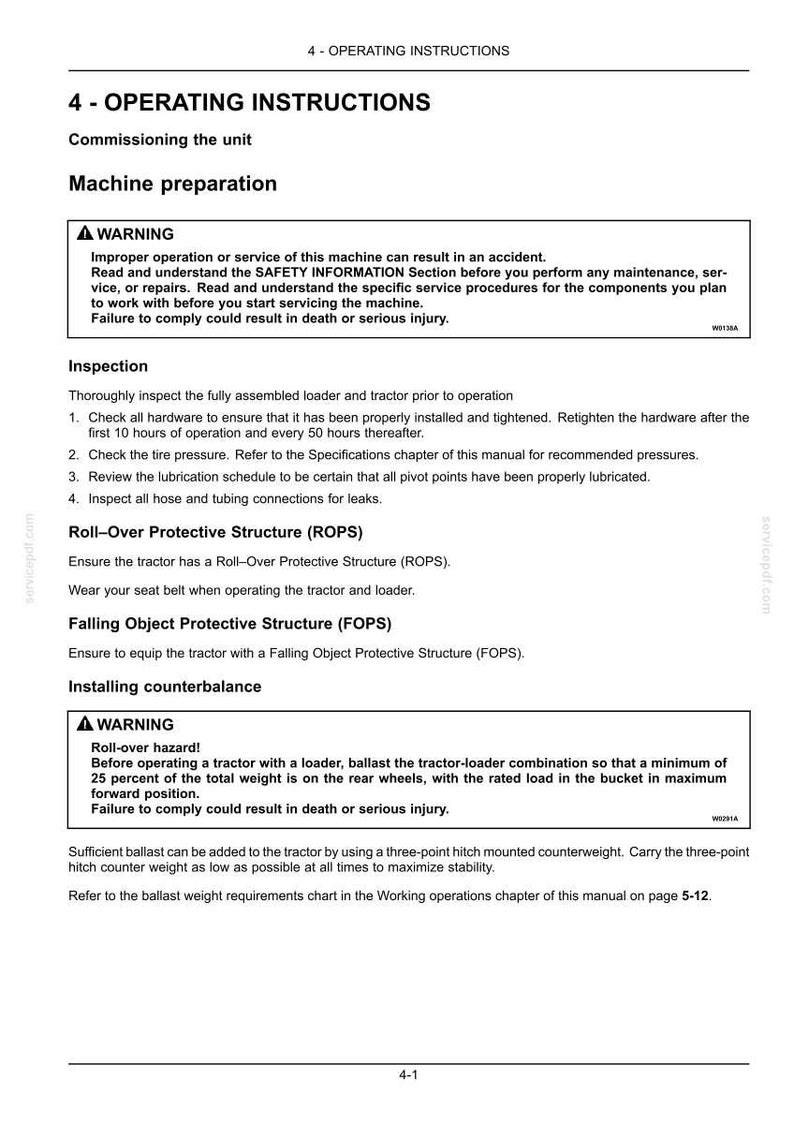 May include: A page of operating instructions for a loader and tractor, featuring sections on machine preparation, inspection, Roll-Over Protective Structure (ROPS), Falling Object Protective Structure (FOPS), and installing counterbalance with warnings.
