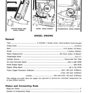 K&ouml;nnte beinhalten: Diagramm eines Dieselmotors mit detaillierten Spezifikationen. Enth&auml;lt Abbildungen von Seriennummern, Motorkomponenten und technischen Daten wie Bohrung, Hub und Hubraum in Zoll und cm&sup3;.