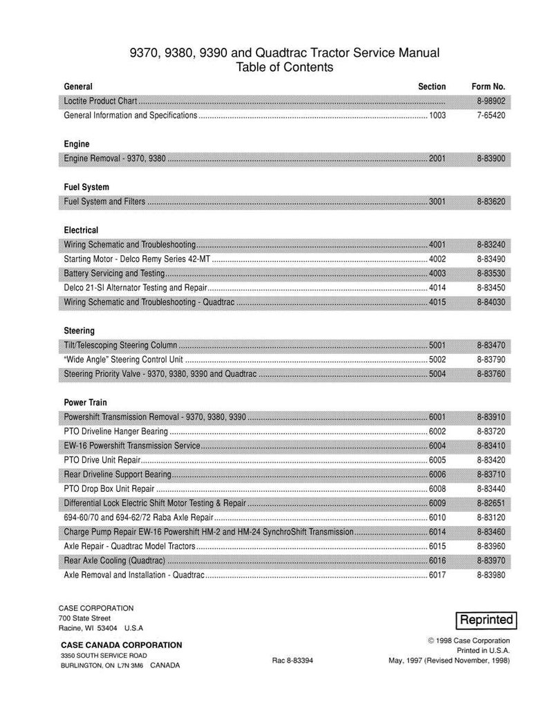 Peut inclure: Une table des mati&egrave;res imprim&eacute;e d'un manuel de service de tracteur, r&eacute;pertoriant des sections telles que Moteur, Syst&egrave;me de carburant et &Eacute;lectricit&eacute;. Le document comprend des num&eacute;ros de formulaire et provient de Case Corporation, imprim&eacute; aux &Eacute;tats-Unis.