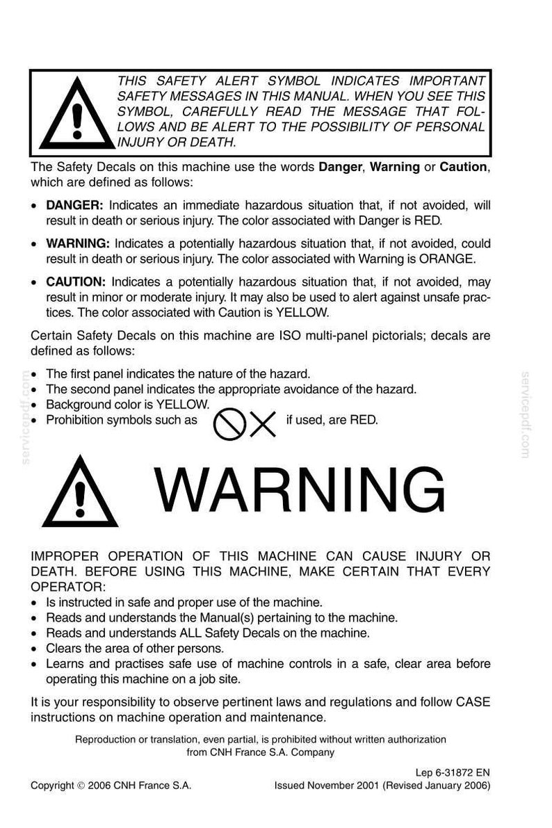 May include: A page from a safety manual featuring a warning symbol and the word "WARNING". The text details safety messages, including "Danger," "Warning," and "Caution," and provides instructions for safe machine operation.