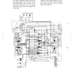 May include: A technical hydraulic circuit diagram labeled Fig. 4, illustrating the simultaneous operation of travel and boom hoisting motions. The schematic features black lines, symbols, and text detailing oil flow paths for variable displacement pumps.