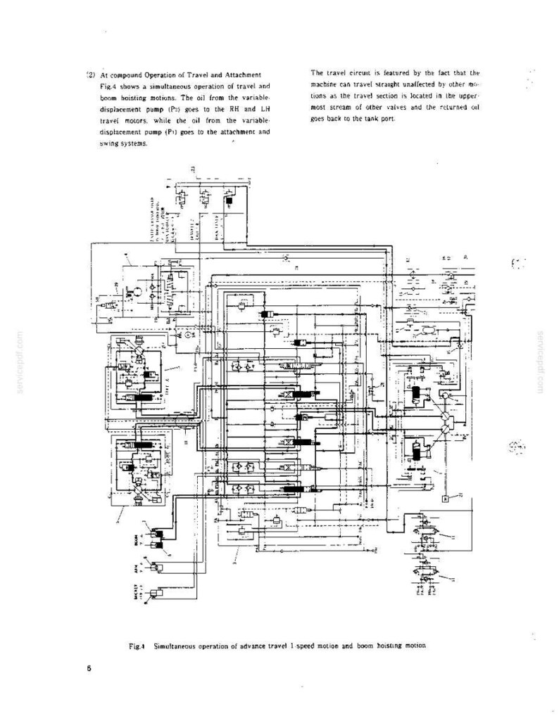 May include: A technical hydraulic circuit diagram labeled Fig. 4, illustrating the simultaneous operation of travel and boom hoisting motions. The schematic features black lines, symbols, and text detailing oil flow paths for variable displacement pumps.
