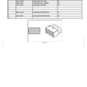 May include: Diagram of a connector labeled "CONNECTOR X-057 - LEVELING" with a table detailing pin numbers, wire numbers, and circuit references. Includes a schematic frame and illustrations of the connector.