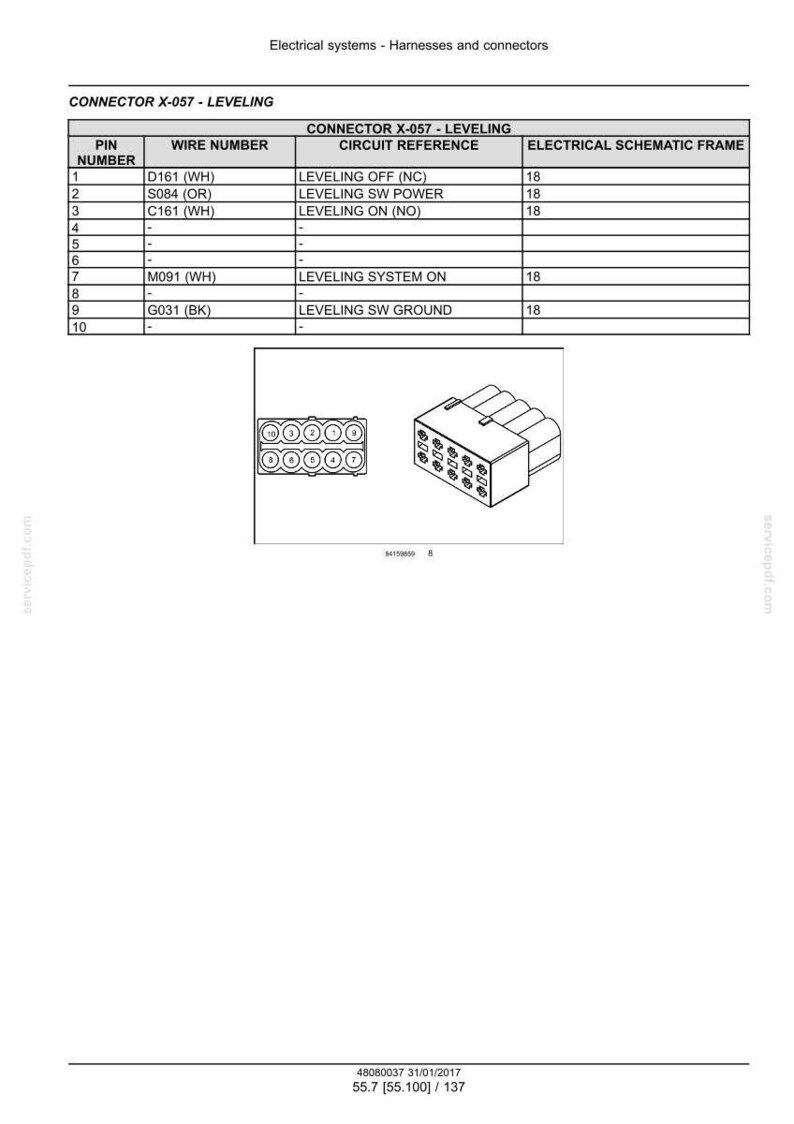 May include: Diagram of a connector labeled "CONNECTOR X-057 - LEVELING" with a table detailing pin numbers, wire numbers, and circuit references. Includes a schematic frame and illustrations of the connector.