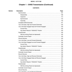 May include: A page from a manual titled "SECTION 21 - TRANSMISSION" with a table of contents. The table lists various topics related to transmission systems, including schematics, gear engagement, and current flow, with corresponding page numbers.