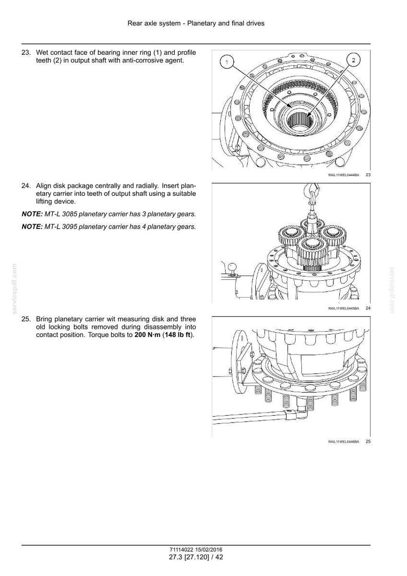 May include: Diagram of a rear axle system with planetary and final drives. The image shows detailed technical drawings of mechanical components, including gears, bearings, and bolts. The diagram includes measurements in lb ft.