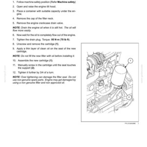 May include: Diagram of an engine oil and oil filter change procedure. The image shows an engine with an oil filter and related components labeled with numbers. Text instructions are also included.
