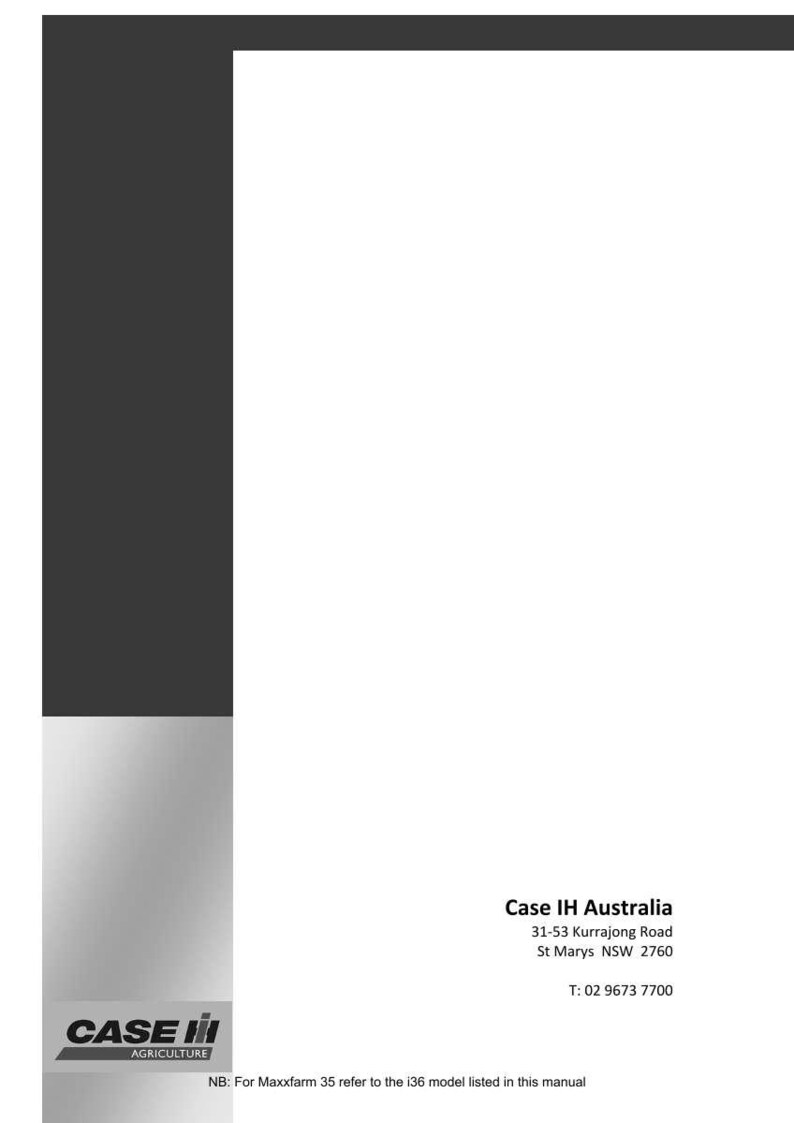 May include: A white document with the Case IH Australia logo and contact information. The text includes the address and phone number. The bottom of the document has the text: NB: For Maxxfarm 35 refer to the i36 model listed in this manual.